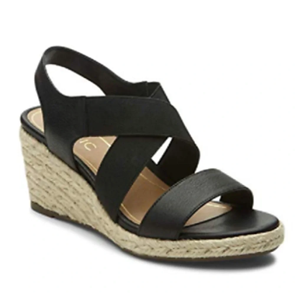Michael Kors Giovanna Black Leather Espadrille Wedge Sandals Size 7 - Picture 1 of 5